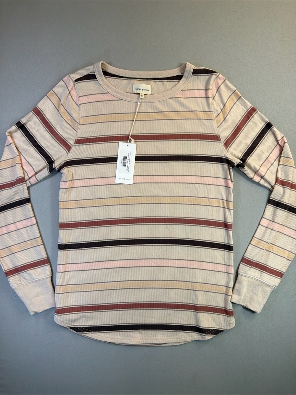 Thread & Supply Beige Striped Long Sleeve Tee with Pink & Brown Accents